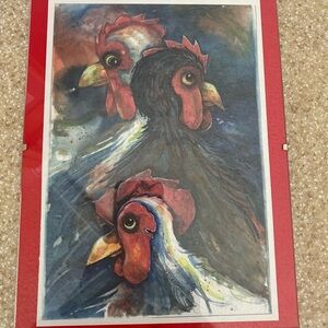 Farmhouse Rooster Trio Watercolor signed Print - Red Accent
